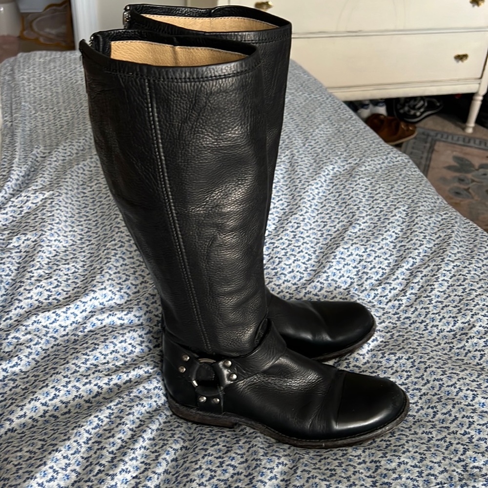 Frye Phillip Tall Harness Black Leather Boots Size 7